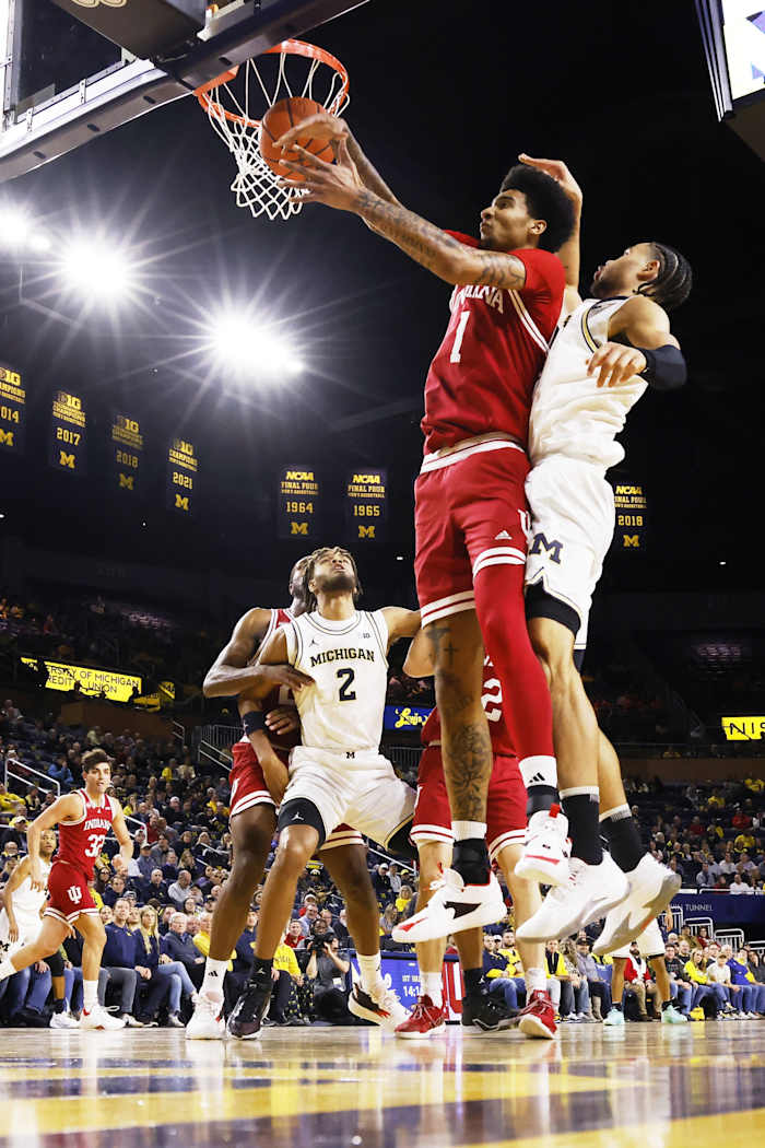 Indiana center Kel'el Ware (1) grabs the rebound in the first half against the Michigan Wolverines.